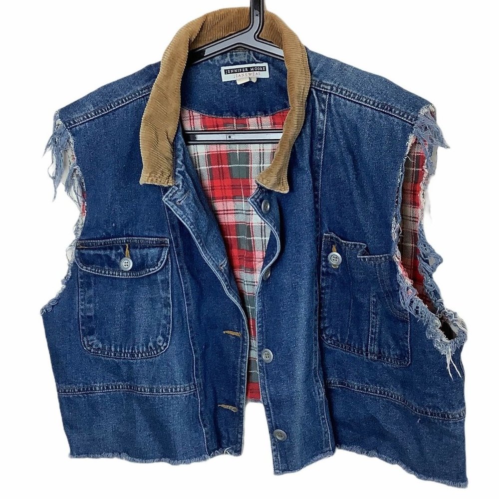 Vintage Denim Frayed Hem Flannel Lined Barn Vest